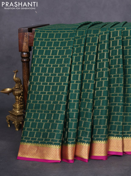 Pure mysore silk saree bottle green and purple with allover zari checked pattern and zari woven border