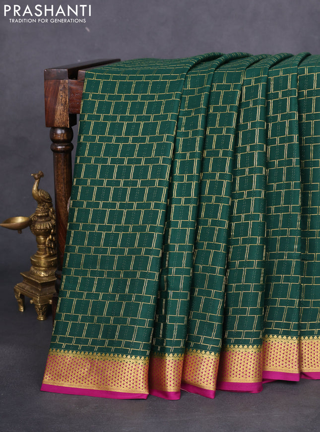 Pure mysore silk saree bottle green and purple with allover zari checked pattern and zari woven border