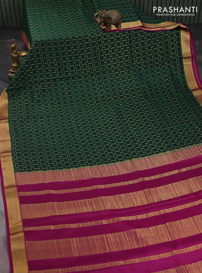 Pure mysore silk saree bottle green and purple with allover zari checked pattern and zari woven border