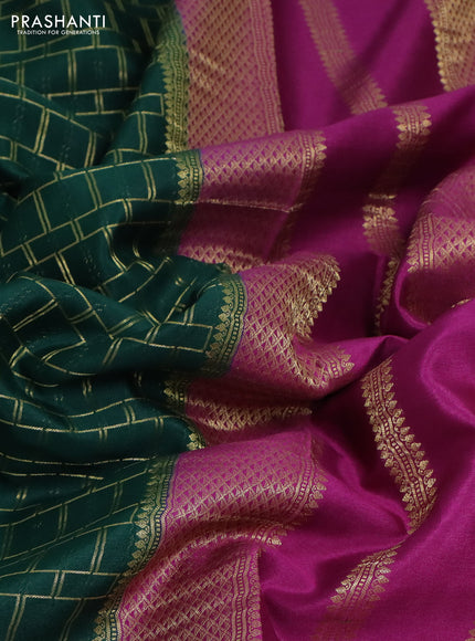 Pure mysore silk saree bottle green and purple with allover zari checked pattern and zari woven border