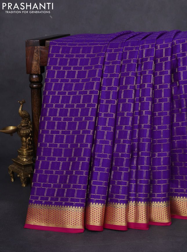 Pure mysore silk saree violet and pink with allover zari checked pattern and zari woven border