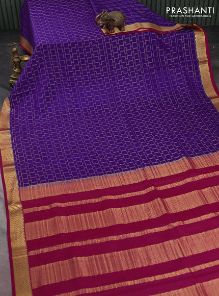 Pure mysore silk saree violet and pink with allover zari checked pattern and zari woven border