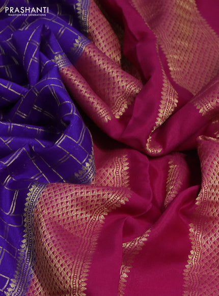 Pure mysore silk saree violet and pink with allover zari checked pattern and zari woven border