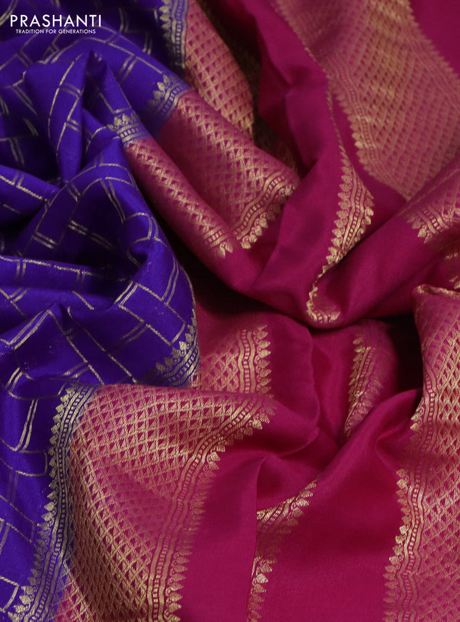 Pure mysore silk saree violet and pink with allover zari checked pattern and zari woven border