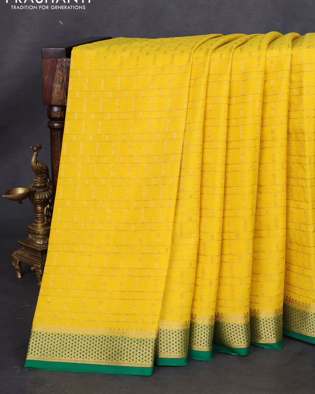 Pure mysore silk saree yellow and green with allover zari checked pattern and zari woven border