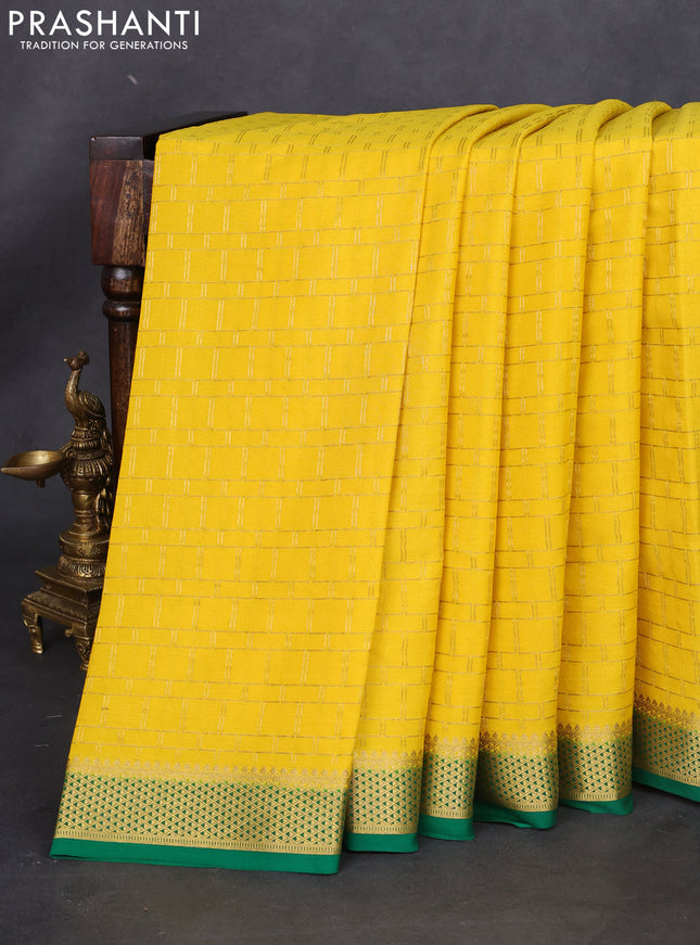 Pure mysore silk saree yellow and green with allover zari checked pattern and zari woven border