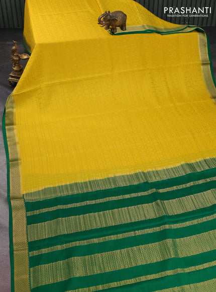 Pure mysore silk saree yellow and green with allover zari checked pattern and zari woven border