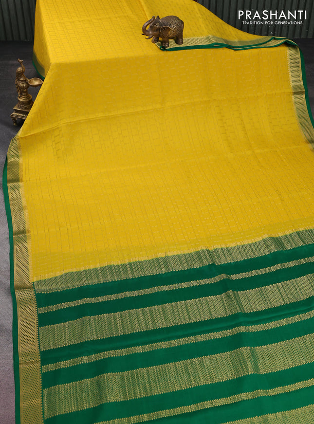 Pure mysore silk saree yellow and green with allover zari checked pattern and zari woven border
