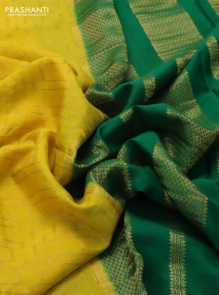 Pure mysore silk saree yellow and green with allover zari checked pattern and zari woven border