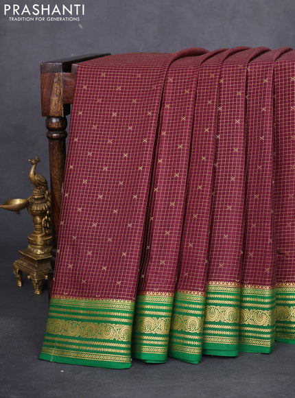 Pure mysore silk saree deep maroon and green with allover zari checks & buttas and zari woven border