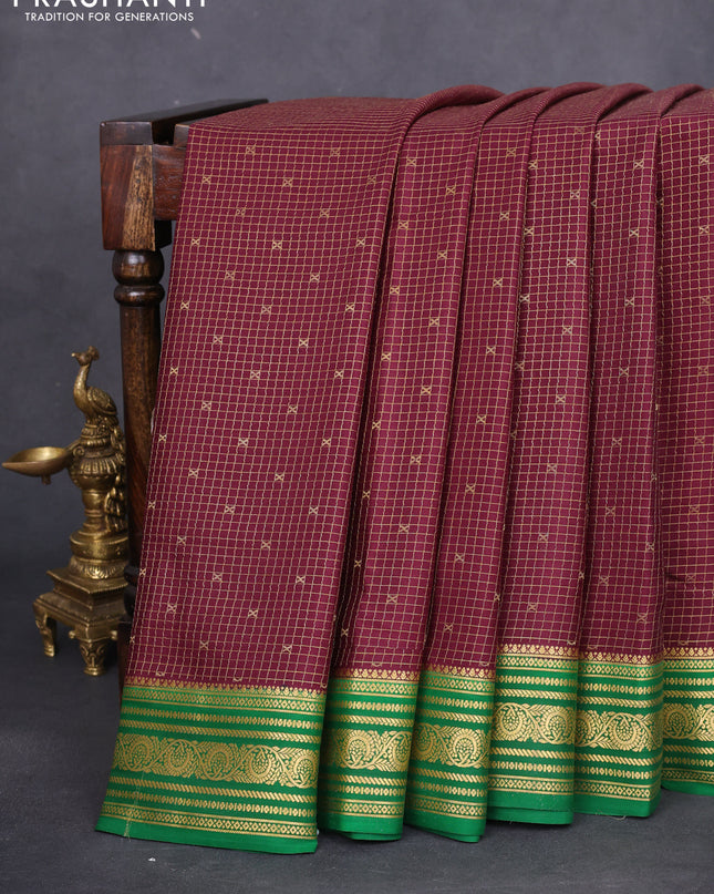 Pure mysore silk saree deep maroon and green with allover zari checks & buttas and zari woven border
