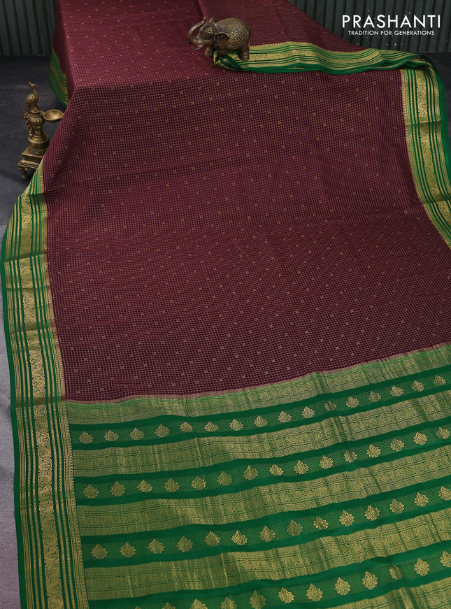 Pure mysore silk saree deep maroon and green with allover zari checks & buttas and zari woven border