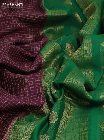 Pure mysore silk saree deep maroon and green with allover zari checks & buttas and zari woven border