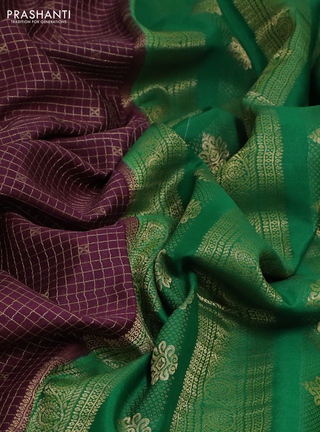 Pure mysore silk saree deep maroon and green with allover zari checks & buttas and zari woven border