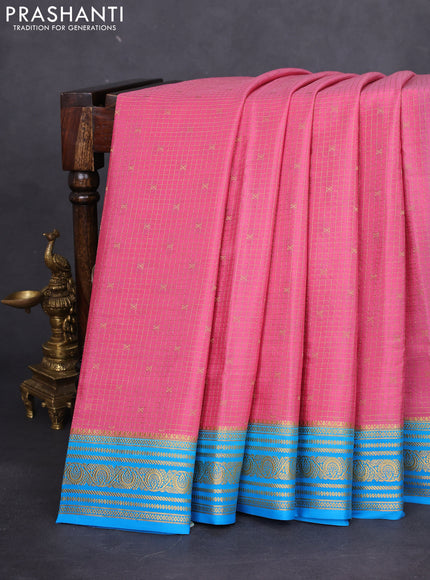 Pure mysore silk saree peach pink and cs blue with allover zari checks & buttas and zari woven border