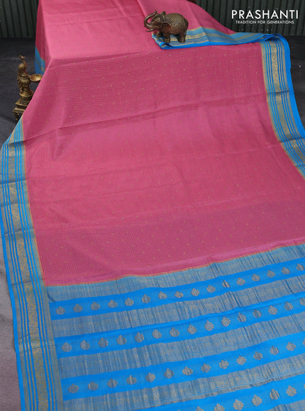 Pure mysore silk saree peach pink and cs blue with allover zari checks & buttas and zari woven border