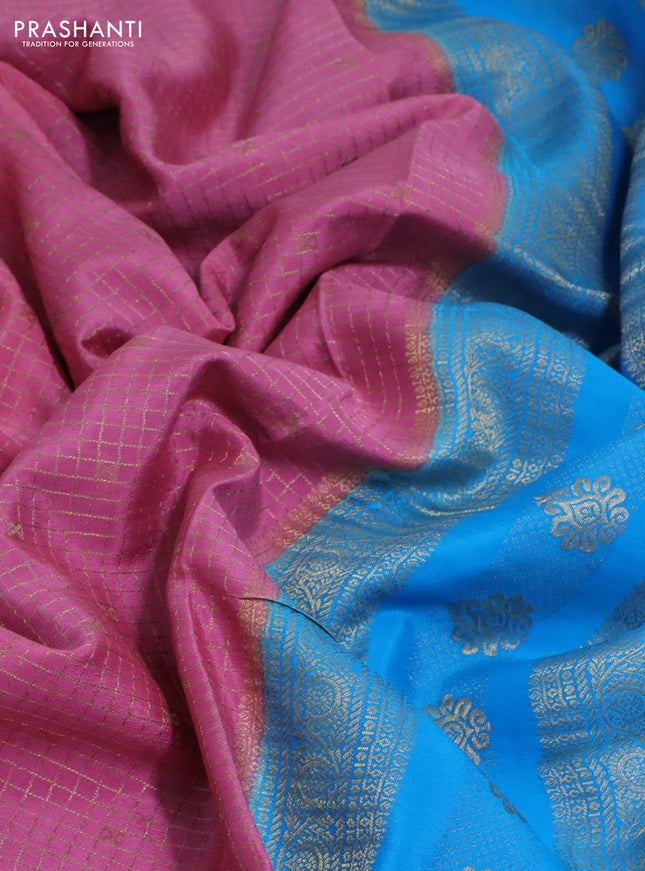 Pure mysore silk saree peach pink and cs blue with allover zari checks & buttas and zari woven border