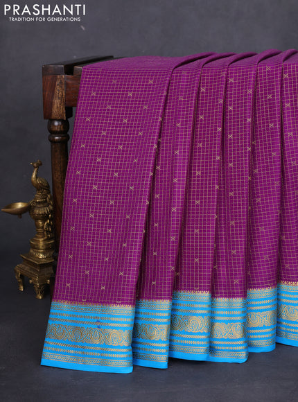 Pure mysore silk saree purple and cs blue with allover zari checks & buttas and zari woven border