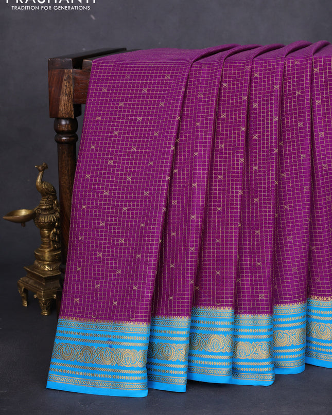 Pure mysore silk saree purple and cs blue with allover zari checks & buttas and zari woven border