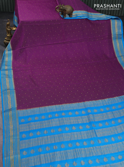 Pure mysore silk saree purple and cs blue with allover zari checks & buttas and zari woven border