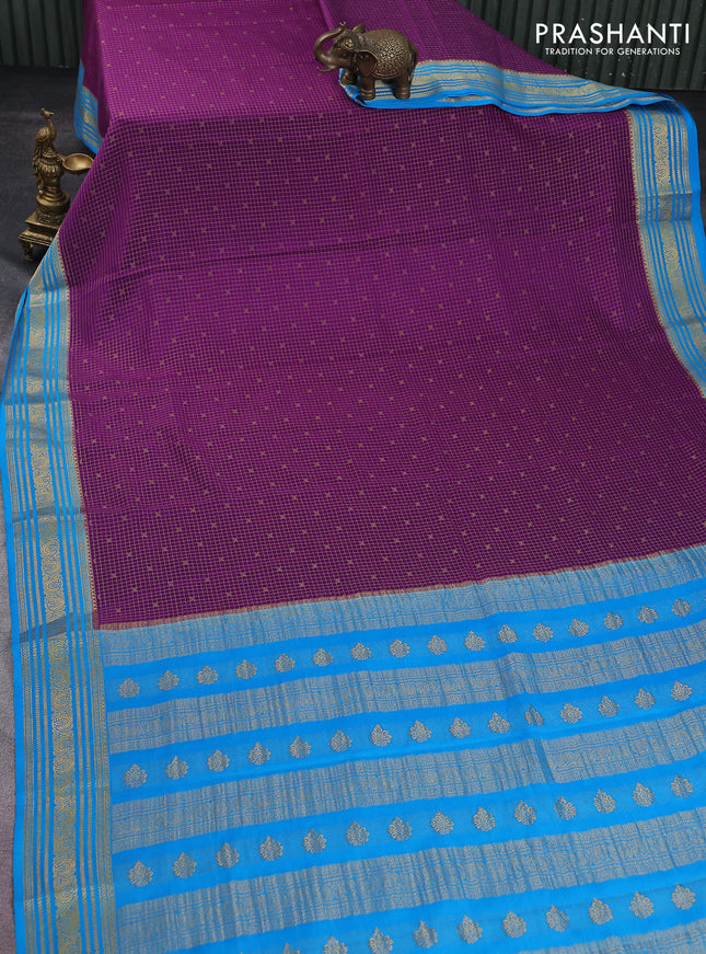 Pure mysore silk saree purple and cs blue with allover zari checks & buttas and zari woven border