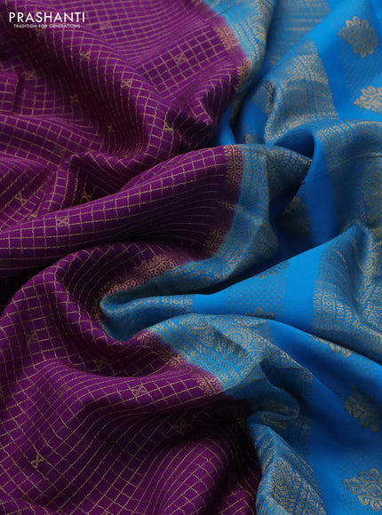 Pure mysore silk saree purple and cs blue with allover zari checks & buttas and zari woven border
