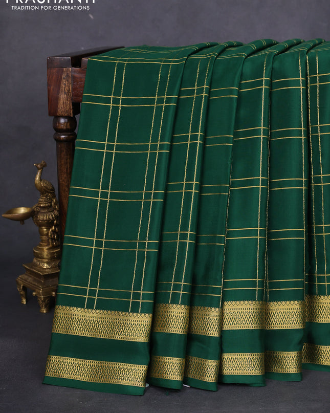 Pure mysore silk saree bottle green with allover zari woven checked pattern and rettapet zari woven border