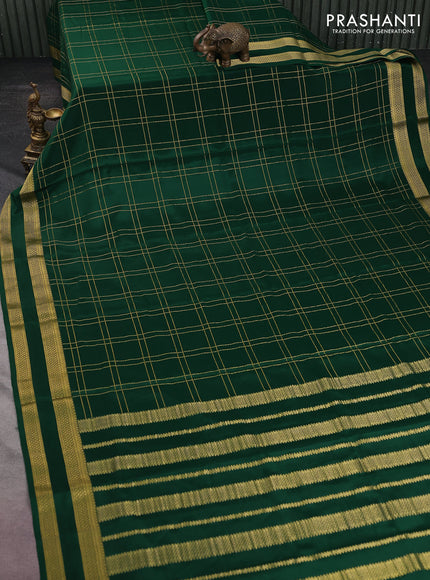 Pure mysore silk saree bottle green with allover zari woven checked pattern and rettapet zari woven border