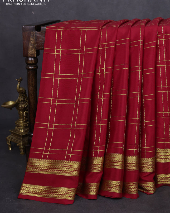 Pure mysore silk saree red with allover zari woven checked pattern and rettapet zari woven border