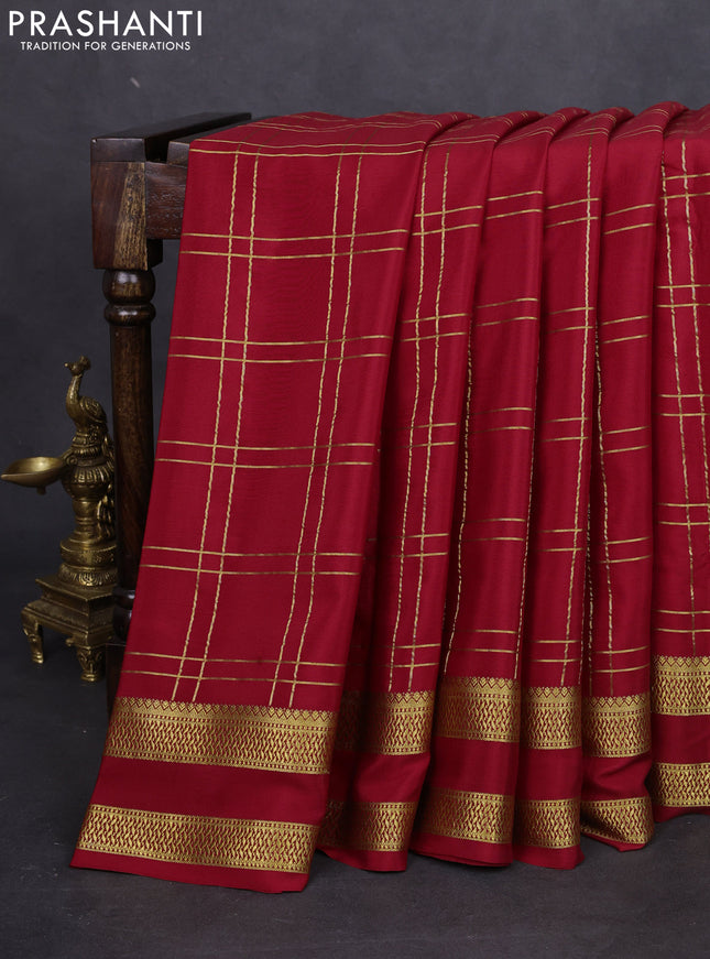 Pure mysore silk saree red with allover zari woven checked pattern and rettapet zari woven border