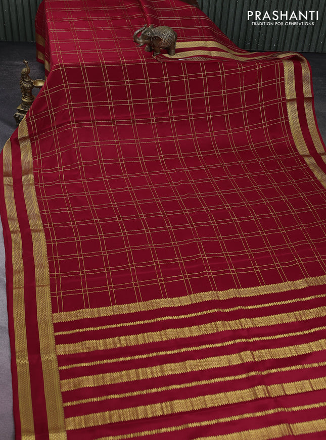 Pure mysore silk saree red with allover zari woven checked pattern and rettapet zari woven border
