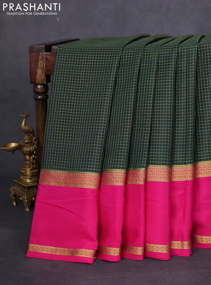 Pure mysore silk saree bottle green and pink with allover small zari checked pattern and rettpet zari woven border