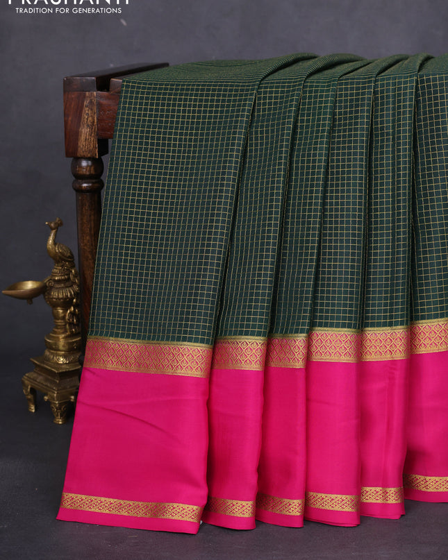Pure mysore silk saree bottle green and pink with allover small zari checked pattern and rettpet zari woven border