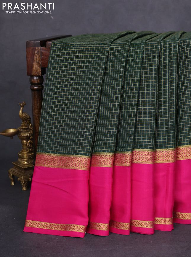 Pure mysore silk saree bottle green and pink with allover small zari checked pattern and rettpet zari woven border