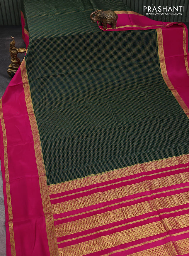 Pure mysore silk saree bottle green and pink with allover small zari checked pattern and rettpet zari woven border