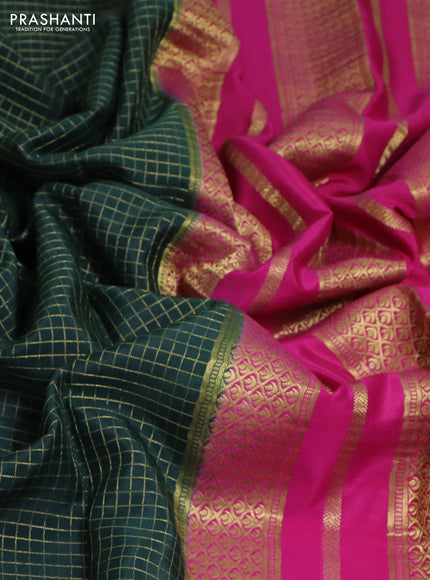 Pure mysore silk saree bottle green and pink with allover small zari checked pattern and rettpet zari woven border