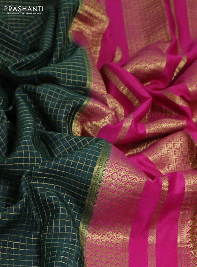 Pure mysore silk saree bottle green and pink with allover small zari checked pattern and rettpet zari woven border