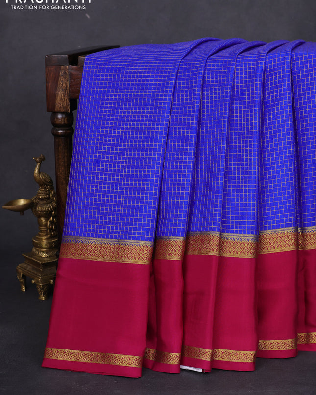 Pure mysore silk saree royal blue and magenta pink with allover small zari checked pattern and rettpet zari woven border