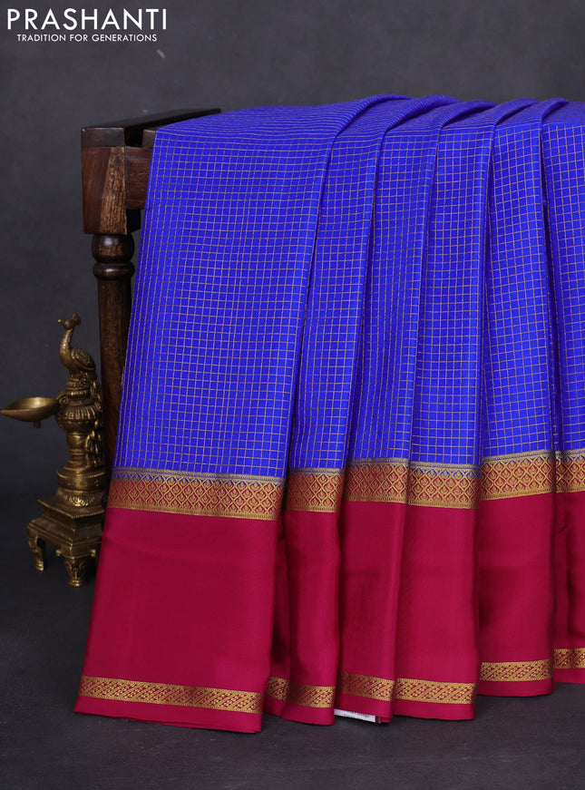 Pure mysore silk saree royal blue and magenta pink with allover small zari checked pattern and rettpet zari woven border