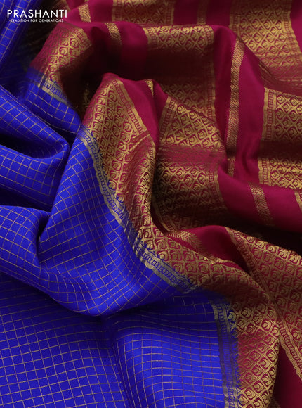 Pure mysore silk saree royal blue and magenta pink with allover small zari checked pattern and rettpet zari woven border