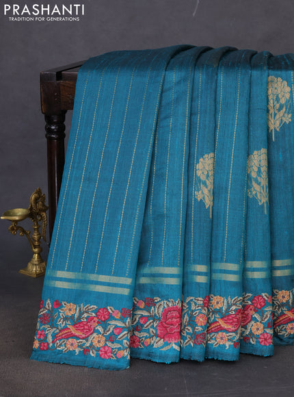 Pure dupion silk saree teal green with allover zari woven stripes pattern and floral embroidery border