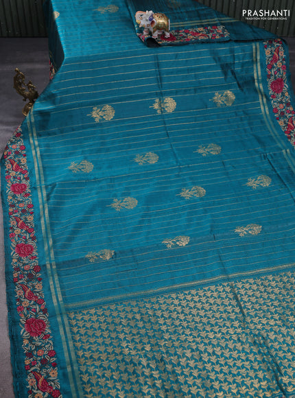 Pure dupion silk saree teal green with allover zari woven stripes pattern and floral embroidery border