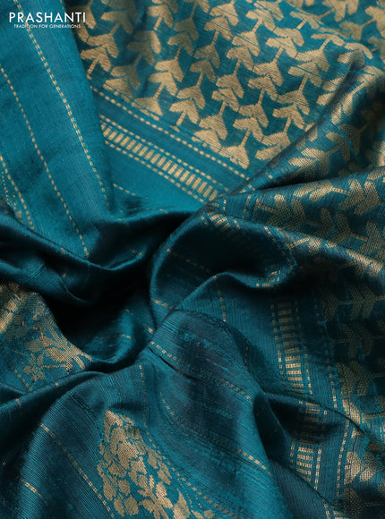 Pure dupion silk saree teal green with allover zari woven stripes pattern and floral embroidery border