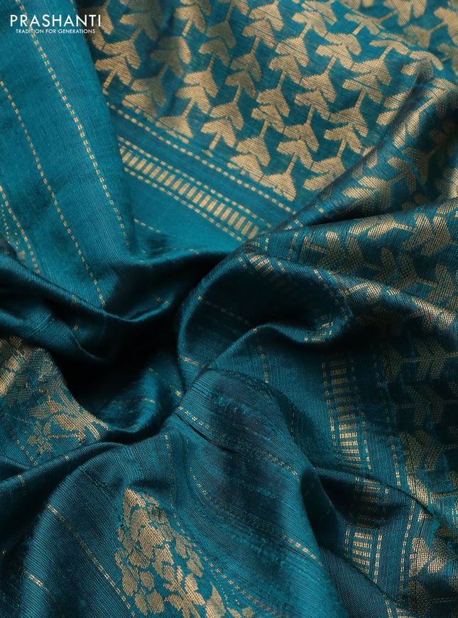 Pure dupion silk saree teal green with allover zari woven stripes pattern and floral embroidery border