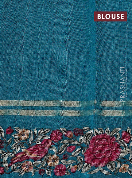 Pure dupion silk saree teal green with allover zari woven stripes pattern and floral embroidery border