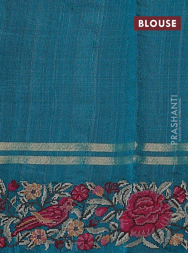 Pure dupion silk saree teal green with allover zari woven stripes pattern and floral embroidery border