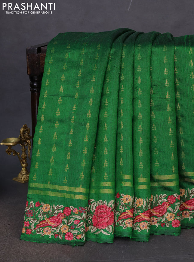 Pure dupion silk saree green with zari woven buttas and floral embroidery border