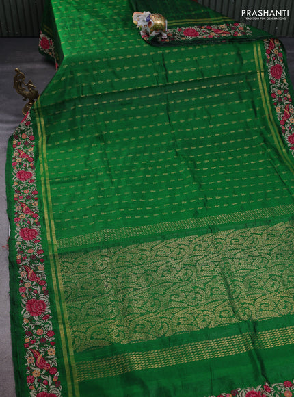 Pure dupion silk saree green with zari woven buttas and floral embroidery border