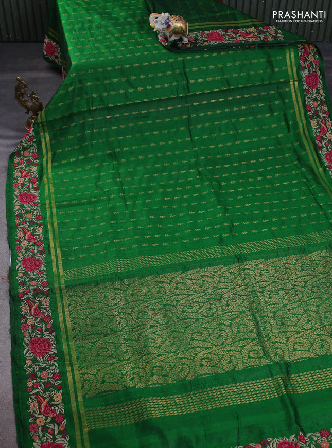 Pure dupion silk saree green with zari woven buttas and floral embroidery border