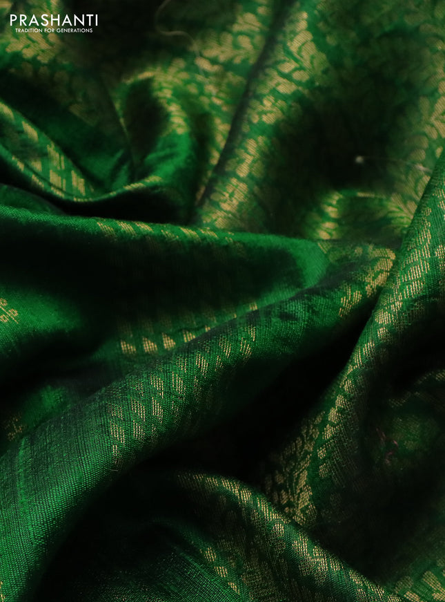 Pure dupion silk saree green with zari woven buttas and floral embroidery border